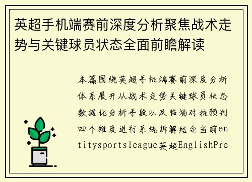 英超手机端赛前深度分析聚焦战术走势与关键球员状态全面前瞻解读